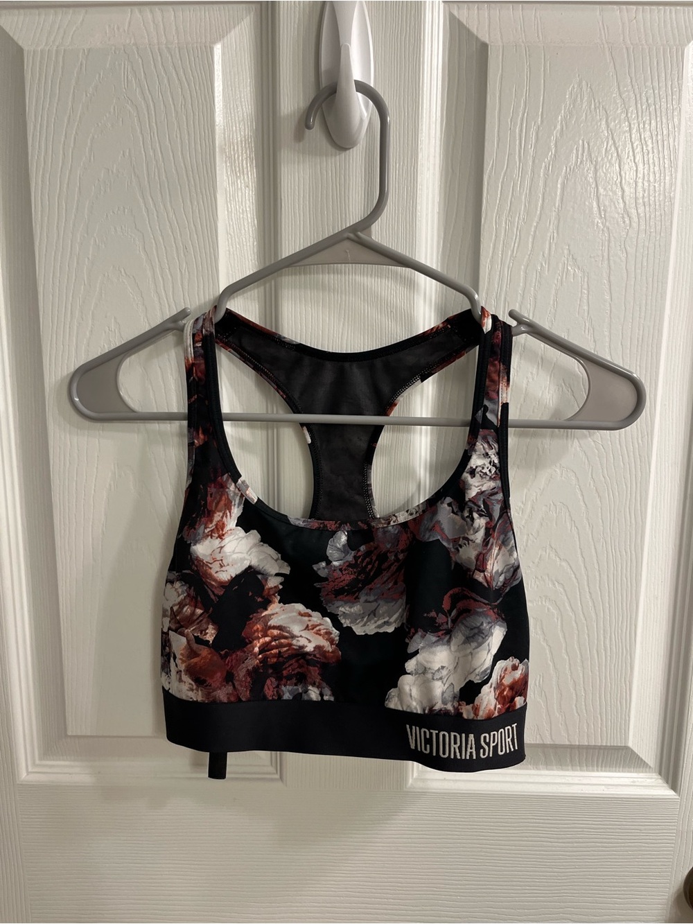 Victoria Sport Racerback Sports Bra - Black with Rose Print